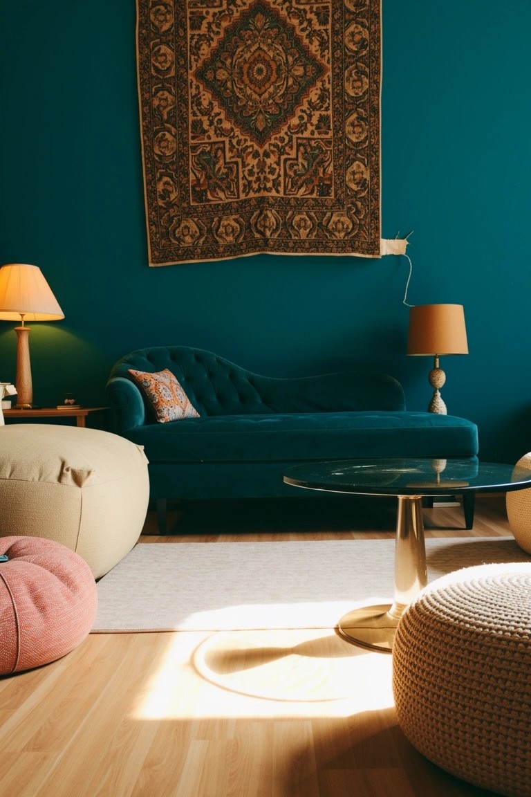Teal living room corner with large ornate orange tapestry on wall, green velvet chaise lounge, glass coffee table, poufs, and orange lamps