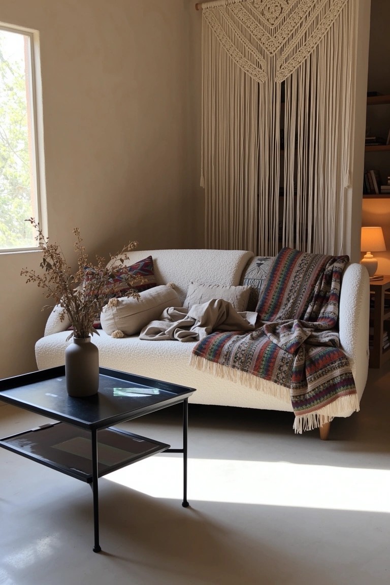 Cream boucle sofa with layered pillows, woven blanket, and pampas grass vase on black metal table, macrame wall hanging in background