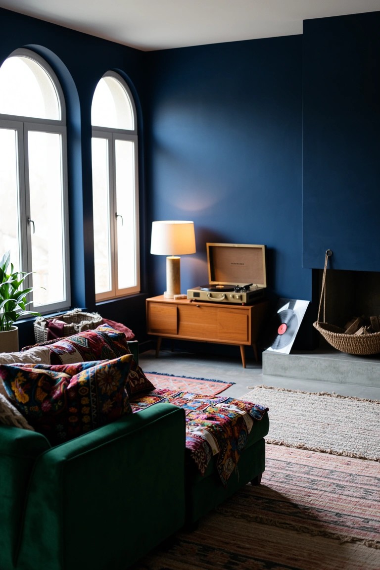 Bohemian living room with deep navy blue walls, green velvet sofa draped in colorful blankets, wooden credenza with record player, and arched windows