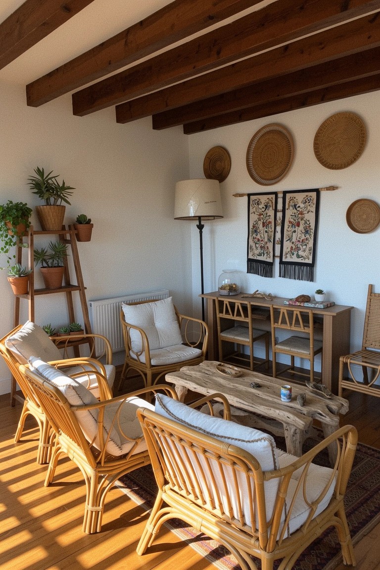 Bright bohemian living room corner with rattan chairs, white cushions, wooden coffee table, potted plants, and woven wall baskets under wooden beams