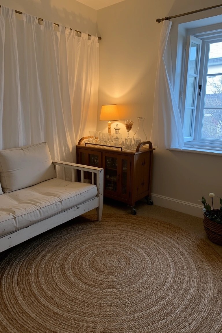 White daybed on seagrass rug next to wooden bar cart by window in light room corner