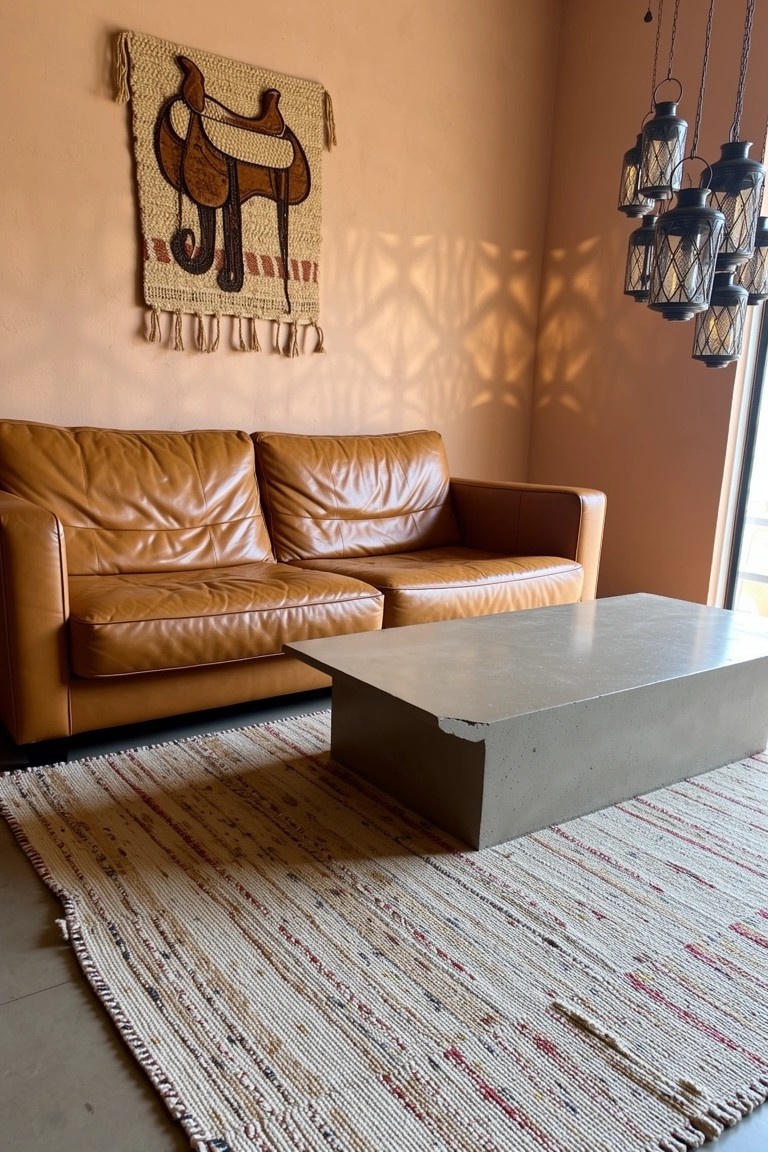 Bohemian living room featuring warm terracotta walls, tan leather L-shaped sofa, low concrete coffee table, striped woven rug, and a colorful horse motif wall hanging under hanging lantern lights