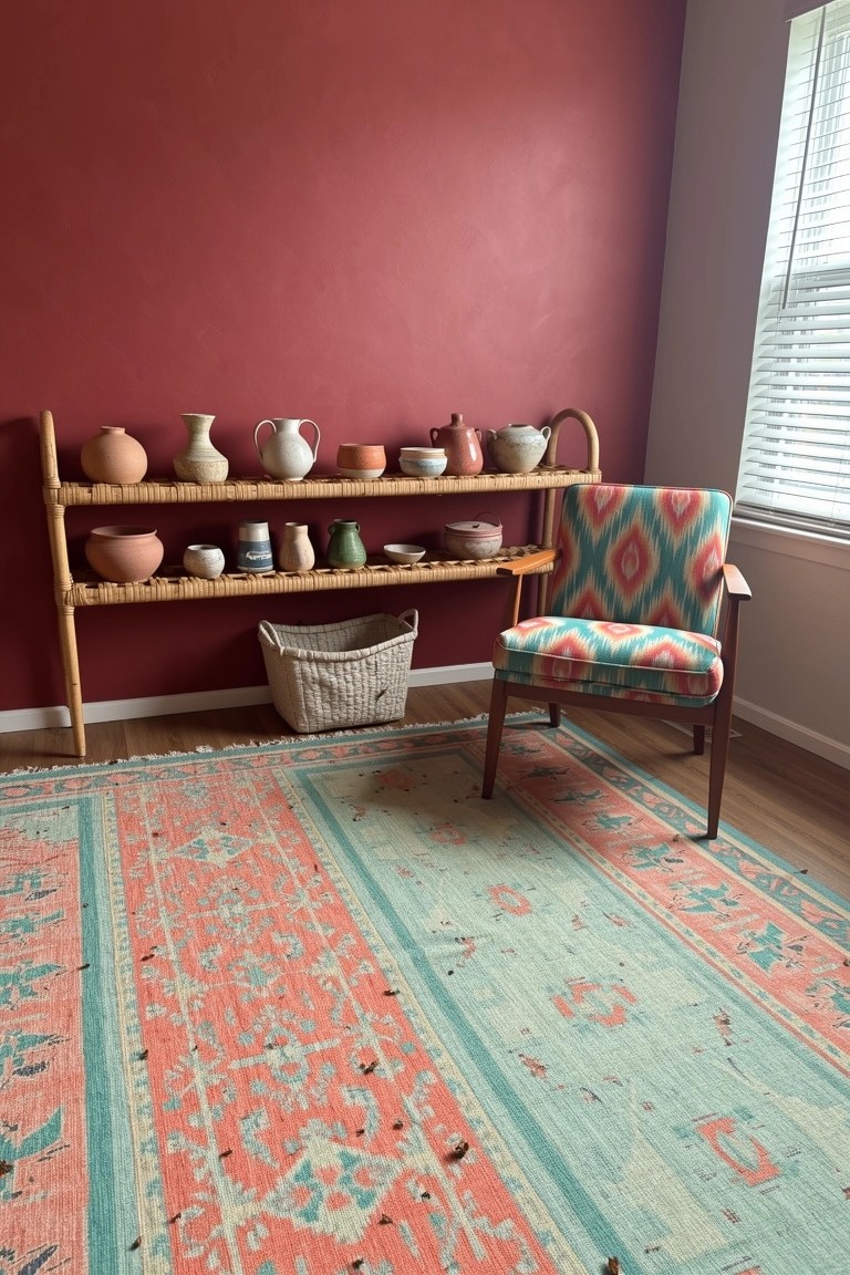 Wooden open shelves on red wall holding assorted pottery and woven baskets, with a colorful chair and rug in a bohemian room corner