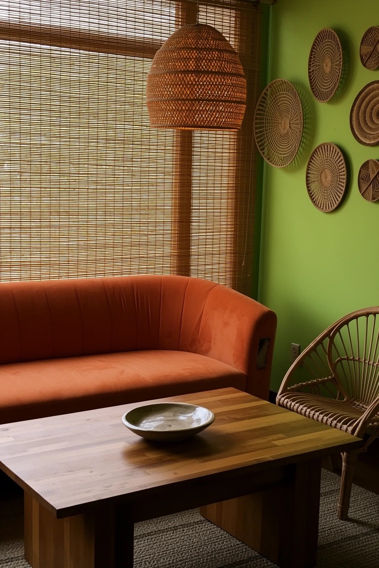 Bohemian living room nook with vibrant green wall decorated by multiple woven round baskets, orange curved sofa, low wooden table, rattan chair and lamp, and bamboo window shades