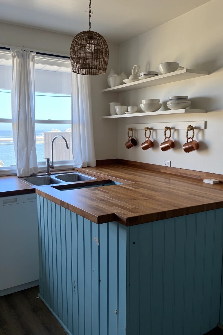 Coastal kitchen with soft blue painted island, butcher block top, white open shelves holding dishes, and hooks for mugs