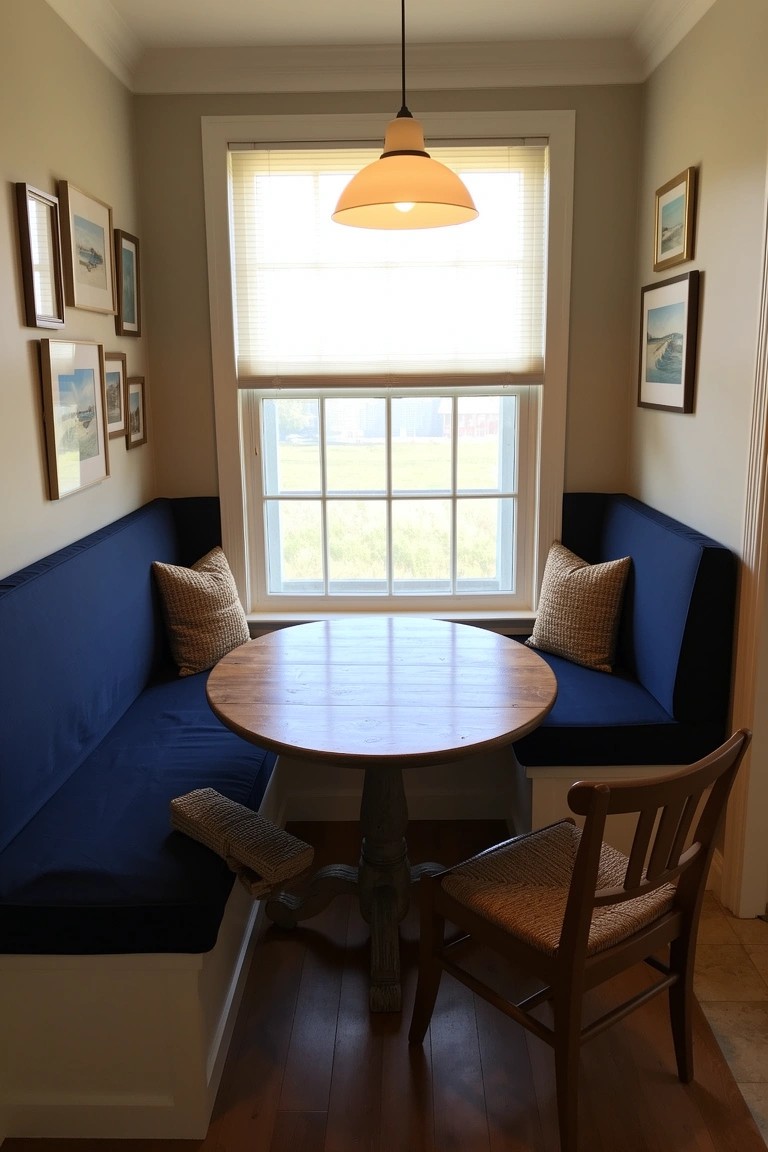 Cozy blue banquette seating around a round wooden table in a light-filled breakfast nook