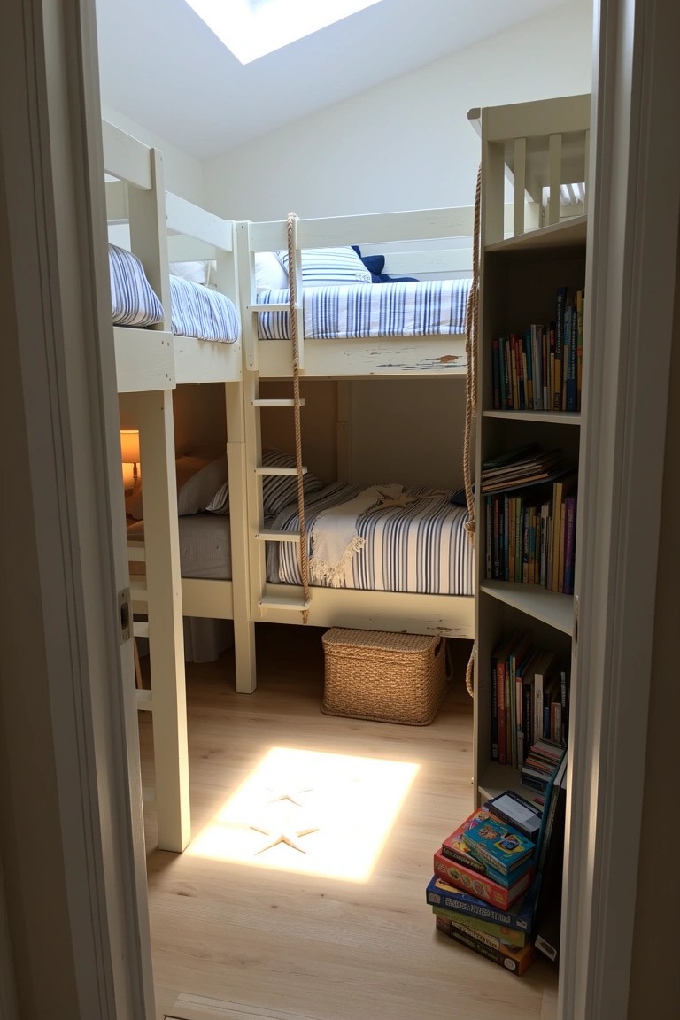 White wooden bunk beds with ladders and striped bedding in a bright room lined with bookshelves and kids books