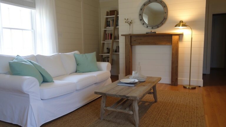 25 Inspiring Coastal Beach Cottage Decor Ideas For A Laid Back Vibe Cozy coastal living room with white slipcovered sofa, mint green pillows, seagrass rug, driftwood coffee table, shiplap walls, and round mirror over fireplace