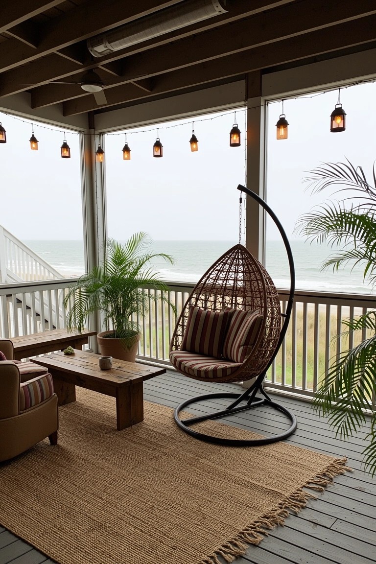 Screened porch with hanging wicker egg chair, cushions, potted palms, low furniture, and neutral rug overlooking ocean