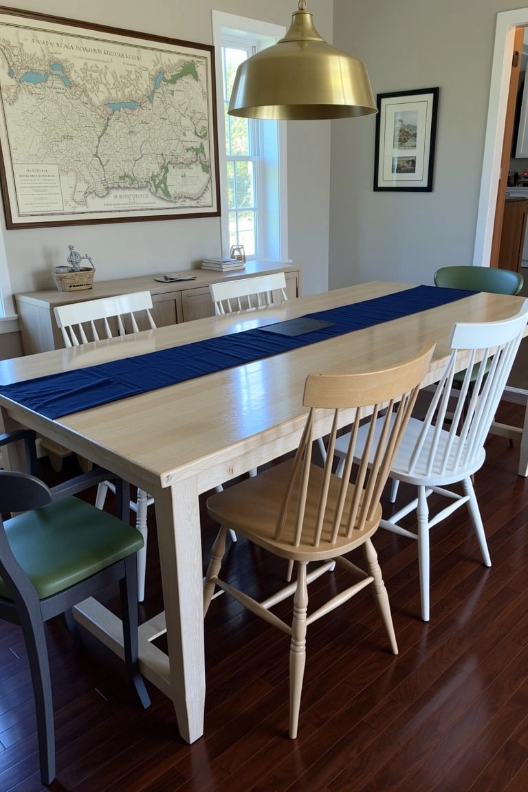 Coastal cottage dining room featuring a light wood farmhouse table with mixed white spindle chairs and green cushioned seats, navy runner, gold pendant light, and nautical map on gray wall