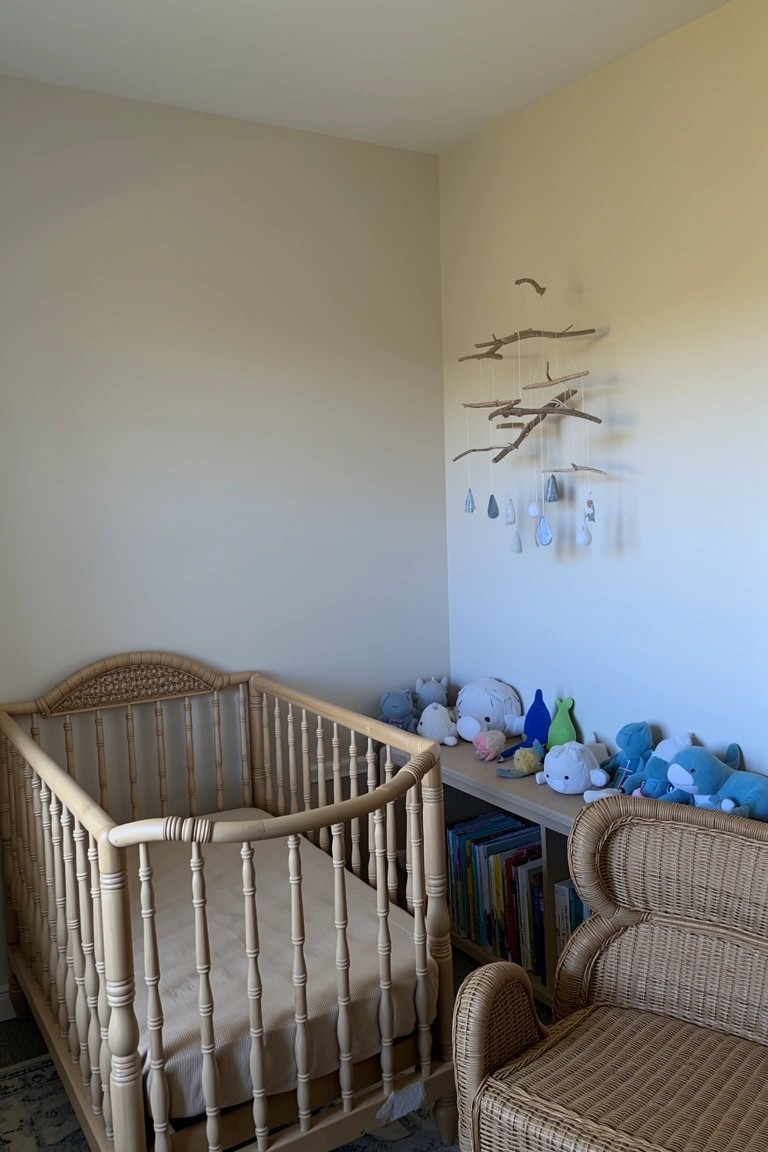 Cozy nursery corner with wooden crib, branch mobile, stuffed toys, books, and wicker chair against light beige walls