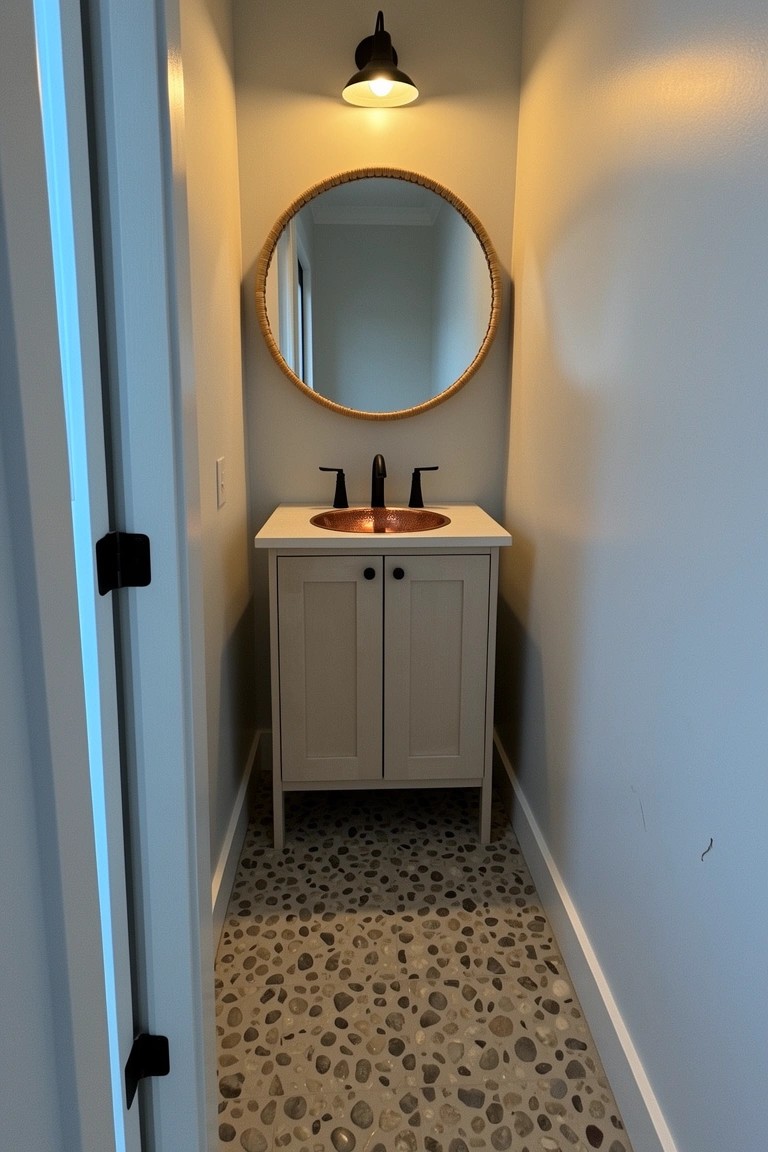 Small coastal powder room featuring pebble tile floor, round rattan mirror, and copper sink on white vanity