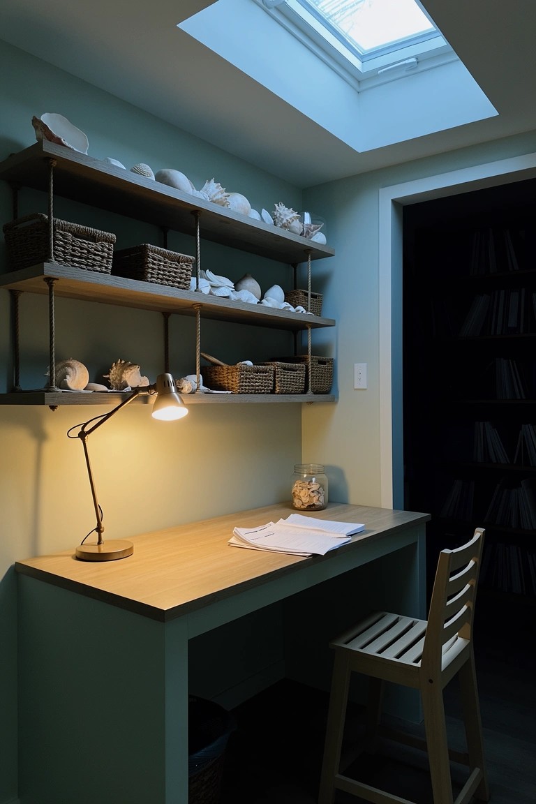 Compact coastal workspace nook with black pipe shelving holding baskets and seashells above a wooden desk on mint green walls