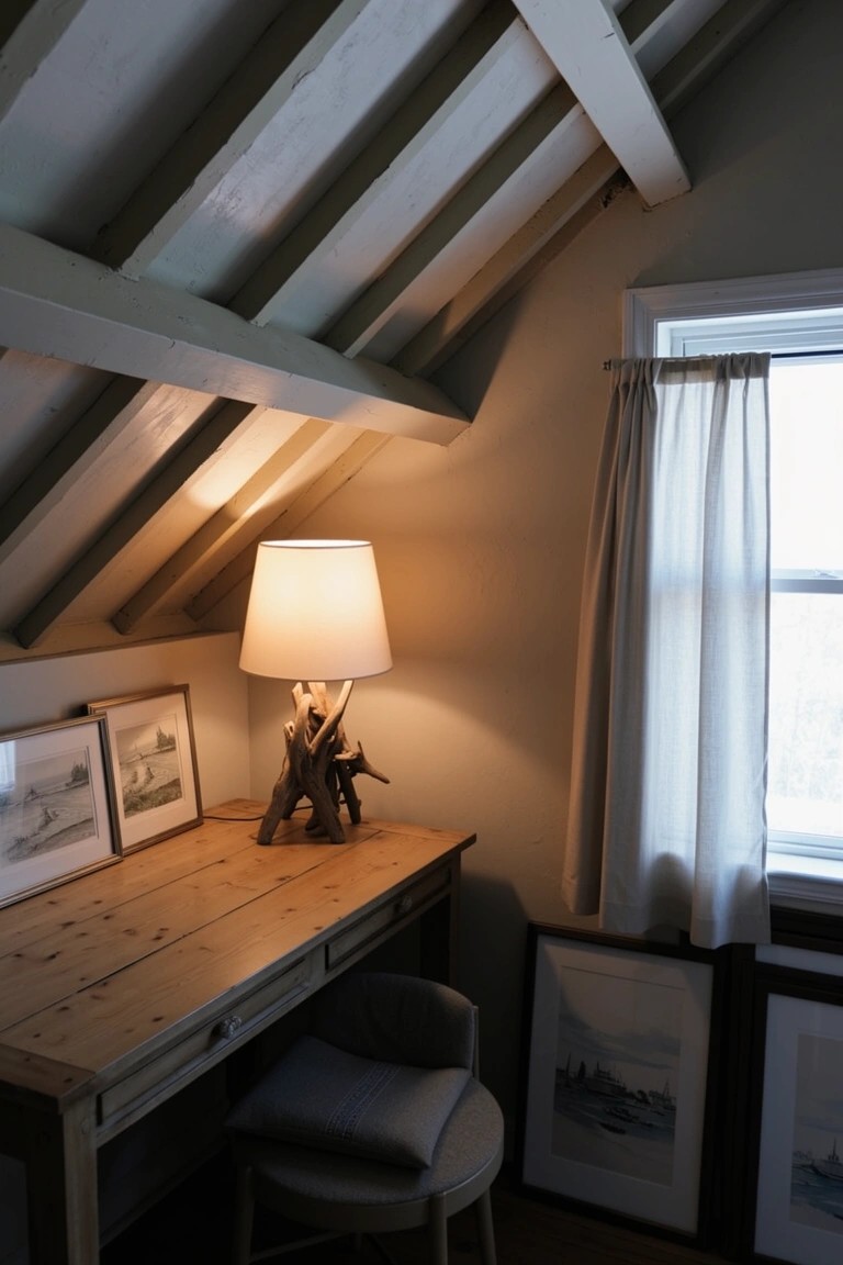 Cozy attic workspace featuring a wooden desk with driftwood base and matching lamp under exposed beams, with neutral cushions and beach art frames