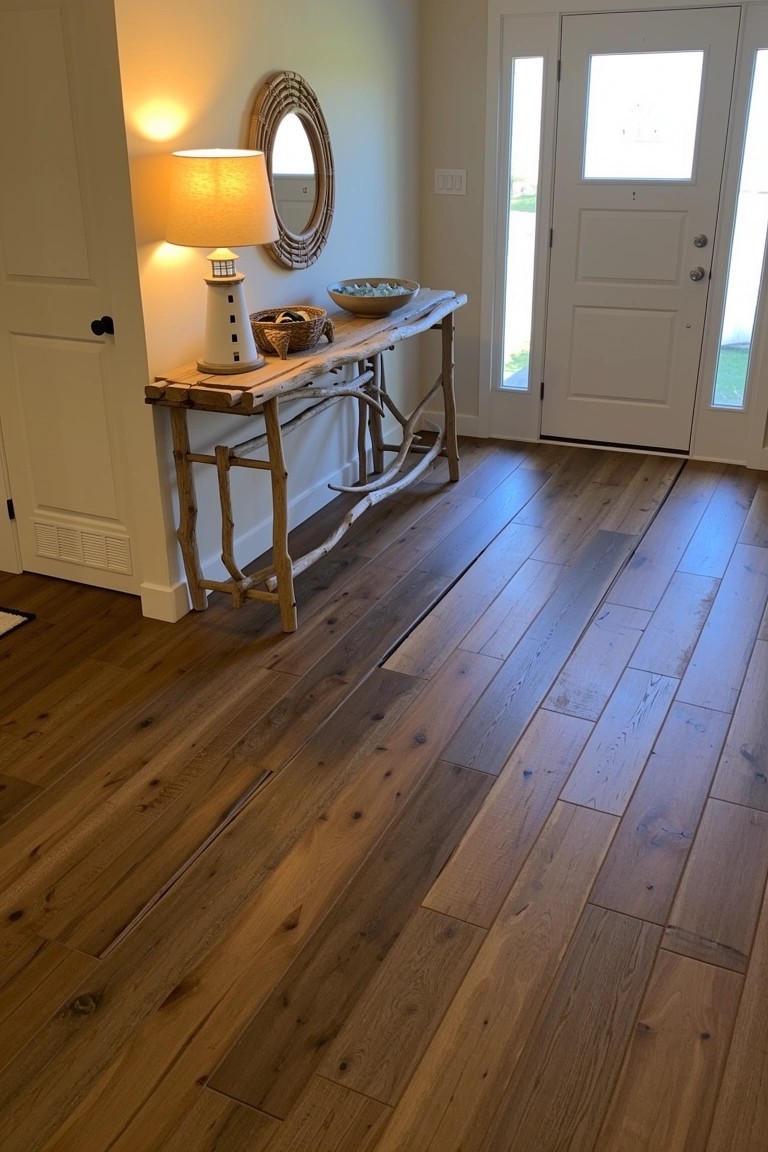 Rustic branch-legged wood console table in a coastal entryway with lighthouse lamp, rattan mirror, and warm wide plank floors