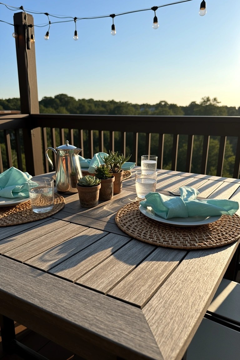 Wooden deck table set for two with turquoise napkins folded on white plates, glasses, silver teapot, and small potted succulents under overhead string lights