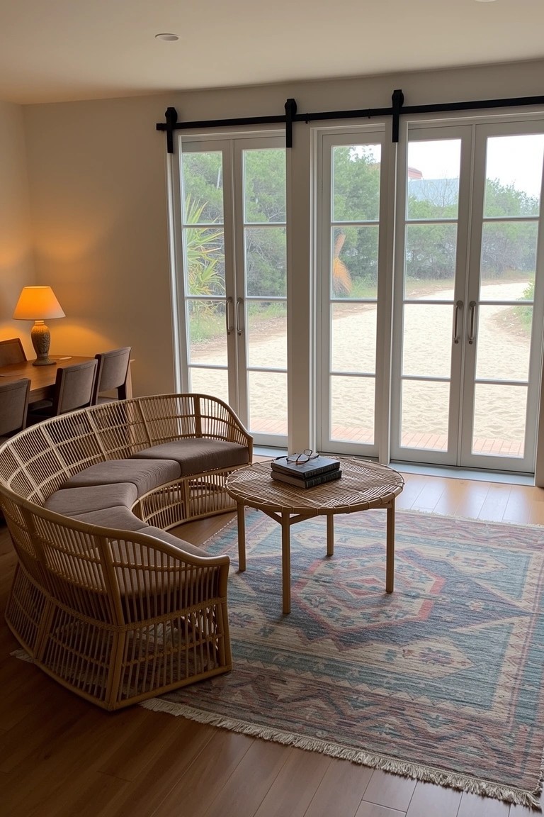 Coastal living room with large multi-panel sliding glass doors fully open to a sandy beach path, curved rattan sofa around a wooden coffee table on a colorful rug
