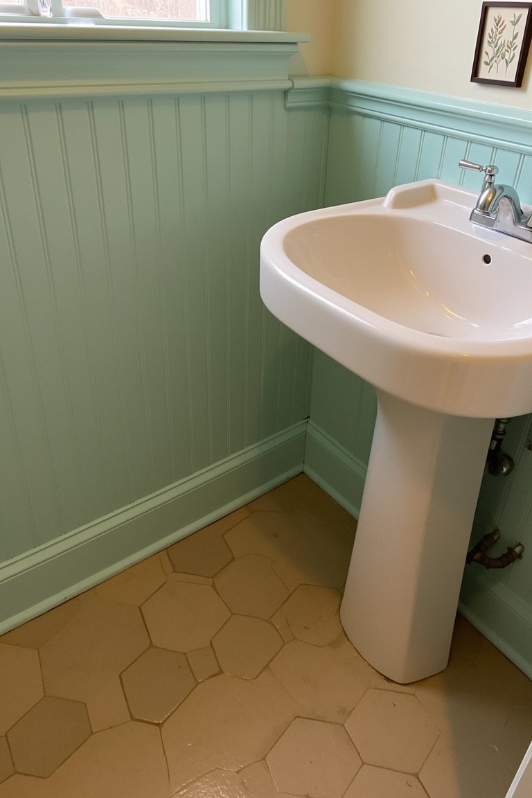 Bathroom featuring pale green wainscoting, white pedestal sink, and hexagonal beige floor tiles