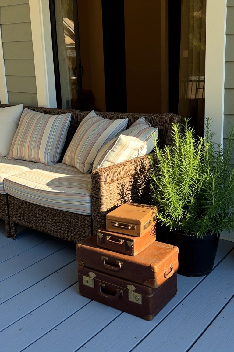 Stacked tan leather suitcases next to wicker sofa on blue-gray deck with potted rosemary plant