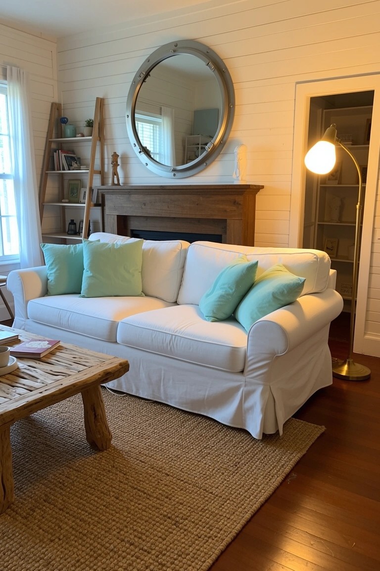 Cozy coastal living room with white slipcovered sofa, mint green pillows, seagrass rug, driftwood coffee table, shiplap walls, and round mirror over fireplace