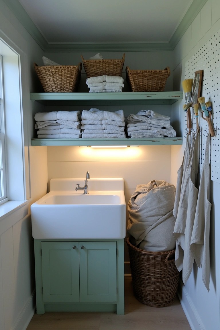 Stacked wicker baskets holding folded white towels on open shelves above a white farmhouse sink in a small coastal laundry room with green cabinets