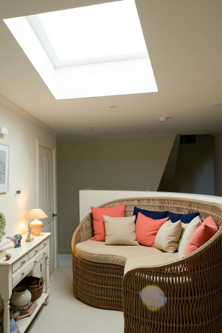 Curved cream wicker sofa with colorful pillows in a sunny coastal nook under a skylight