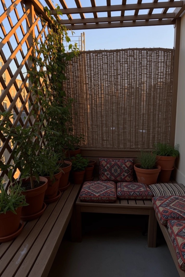 Wooden balcony bench lined with terracotta pots of plants, colorful patterned cushions, and reed privacy screens under a pergola