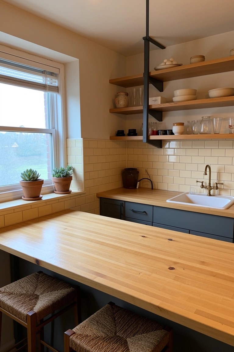 Wood-topped kitchen peninsula with bar stools, navy lower cabinets, white subway tile, open shelves with pottery, and plants near window