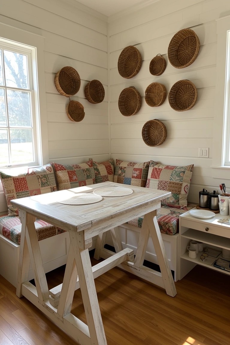 Rustic boho corner banquette with colorful cushions on a built-in bench, simple white trestle table, and woven baskets on shiplap walls