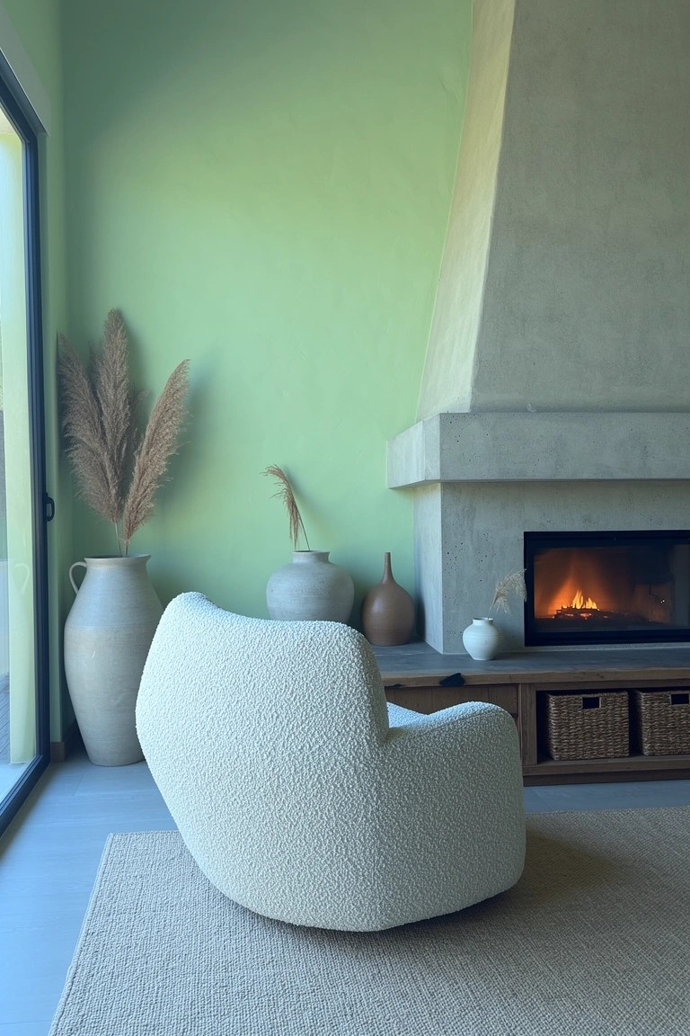 Plush curved white armchair facing a lit concrete fireplace against sage green walls with potted pampas grass and ceramic vases