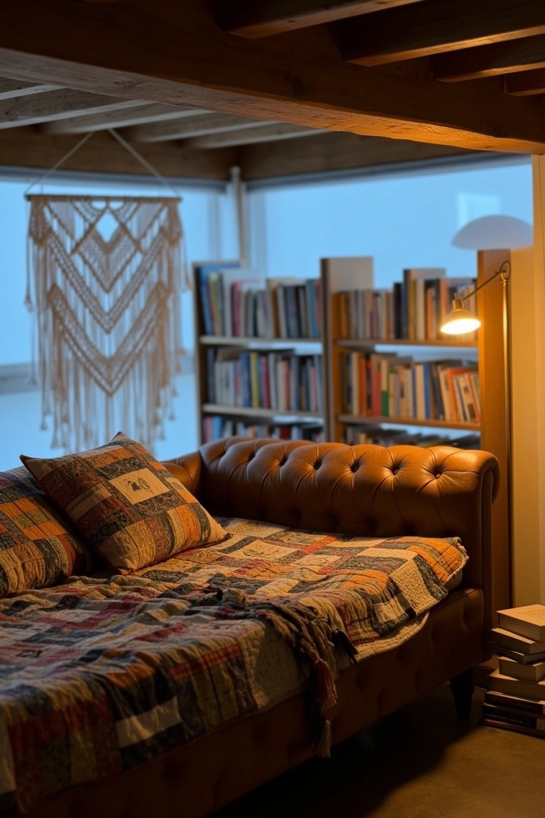 Rustic boho reading nook featuring a tufted brown leather sofa with patchwork quilt, flanked by wooden bookshelves and a macrame wall hanging under exposed wood beams