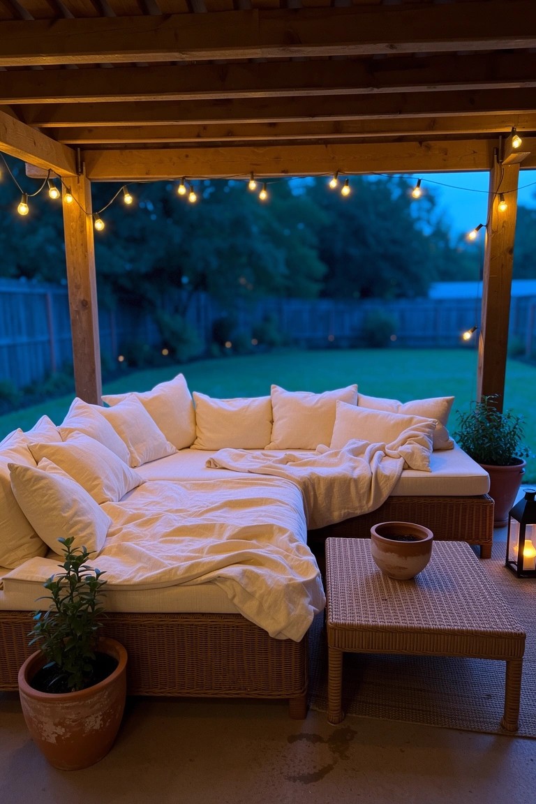 Rustic boho outdoor lounge with L-shaped wicker sofa piled high with white cushions and rumpled blankets under wooden pergola, accented by string lights and potted plants