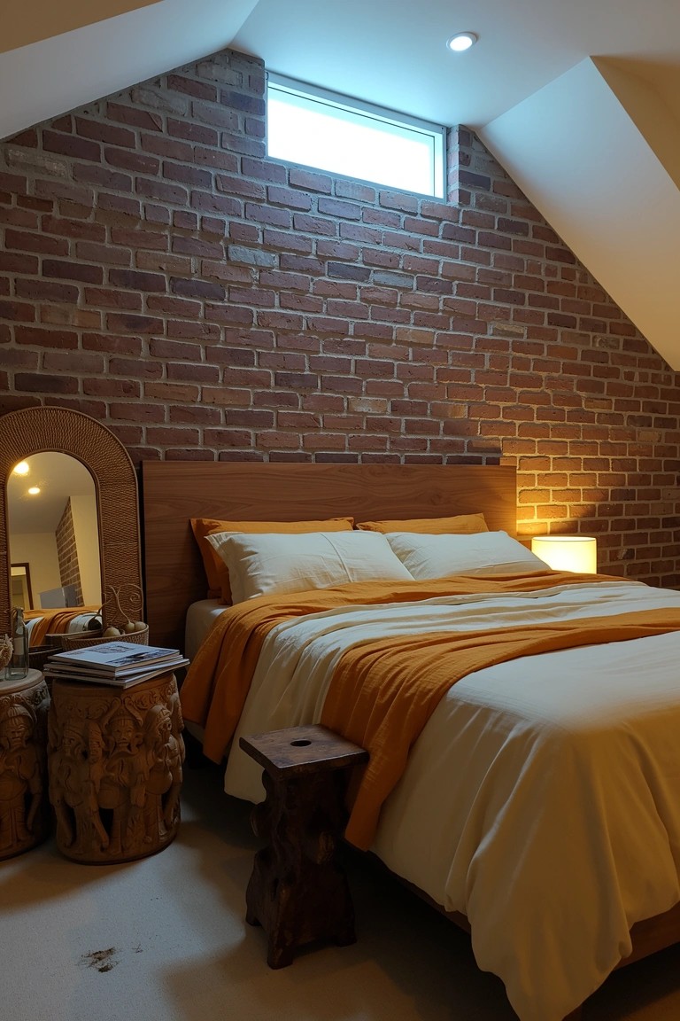 Attic bedroom with exposed brick walls, wooden bed frame, cream and orange bedding, rattan mirror, and carved stools