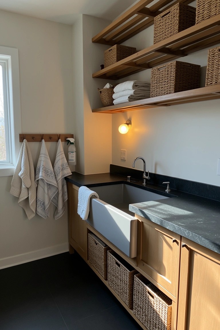 Rustic laundry room with open wood shelves stacked with wicker baskets, towels on hooks, and a farmhouse sink in dark cabinets