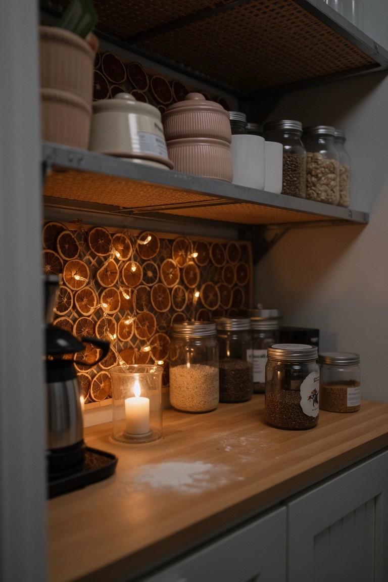 Rustic kitchen pantry with open wooden shelves lined with glass jars of grains, spices, and nuts, wooden counter holding a coffee maker and candle, orange peel backsplash with warm lighting
