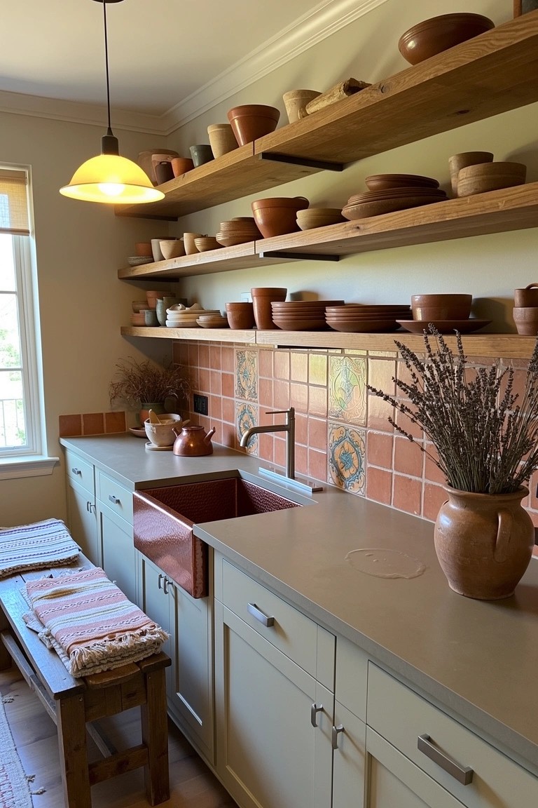 Rustic kitchen with open wooden shelves displaying assorted pottery like bowls and vases, terracotta tiled backsplash, and apron-front sink