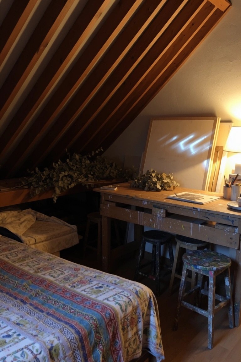 Rustic attic bedroom with pallet workbench, art supplies, eucalyptus plants, and colorful boho bed under wooden beams