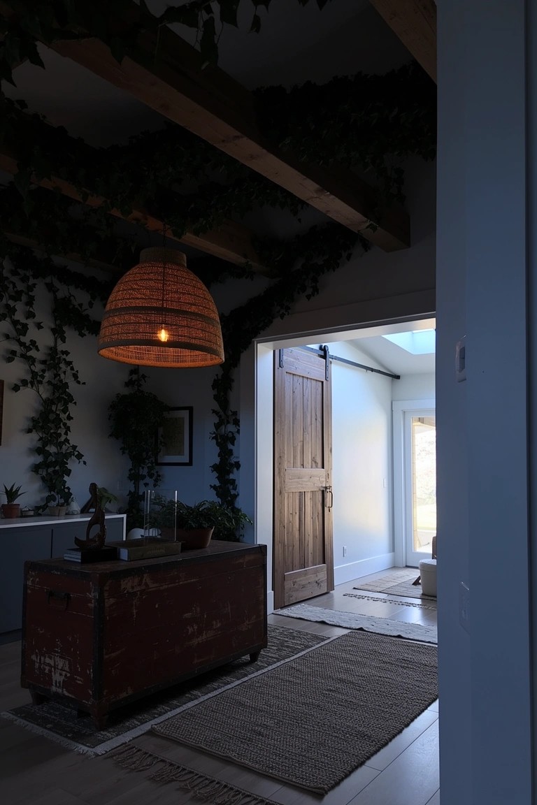 Rustic boho entry with sliding wooden barn door, ivy on wooden beams, rattan pendant light, and potted plants