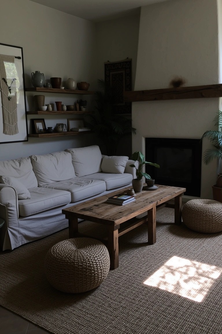 Rustic wooden coffee table with books in a neutral living room, white slipcovered sofa, woven poufs, plants, and seagrass rug