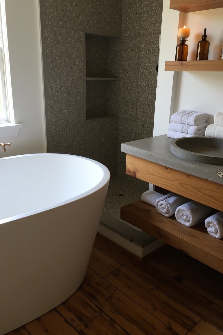 Rustic bathroom with freestanding white tub, wooden vanity featuring concrete sink and stacked white towels, pebble tile shower enclosure