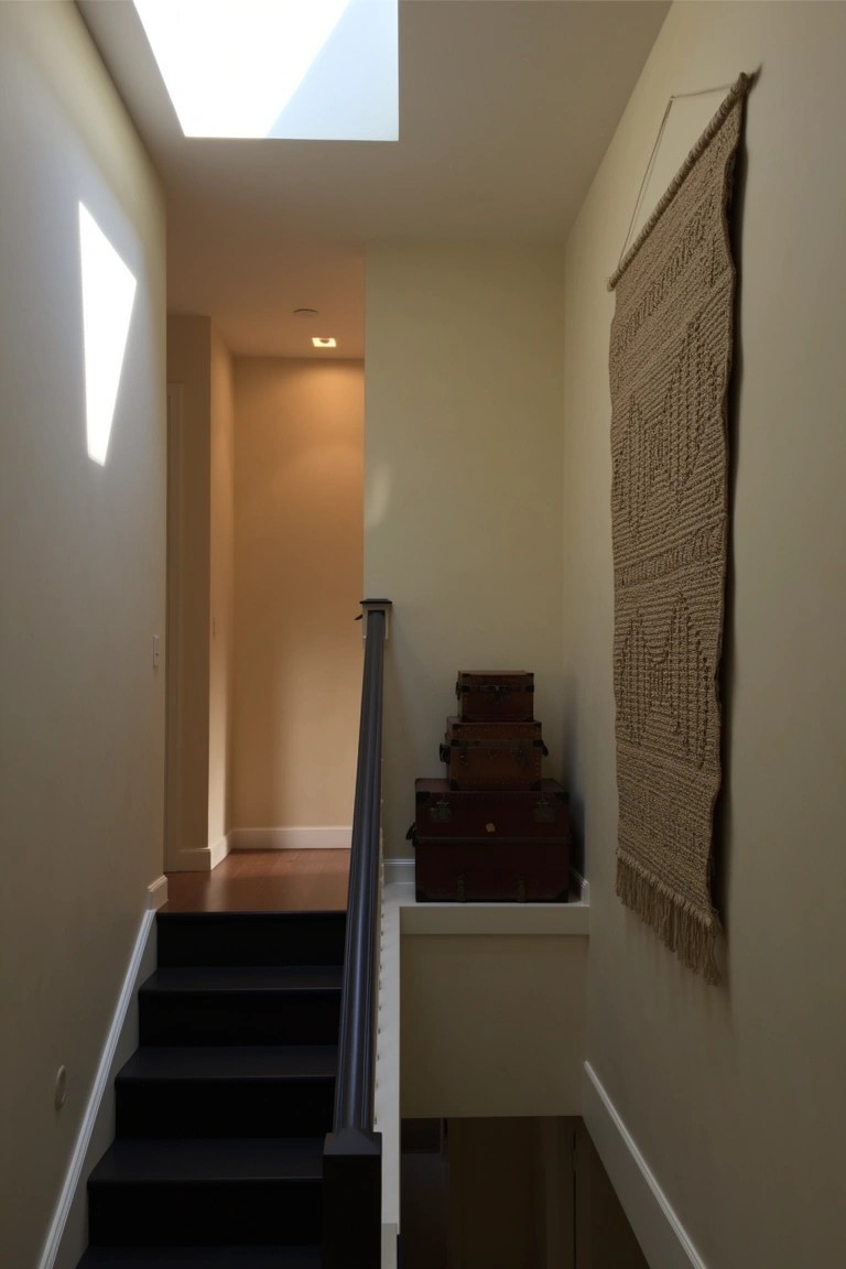 Beige hallway leading to black stairs with skylight overhead, stacked wooden suitcases on a shelf, and woven wall hanging on the wall