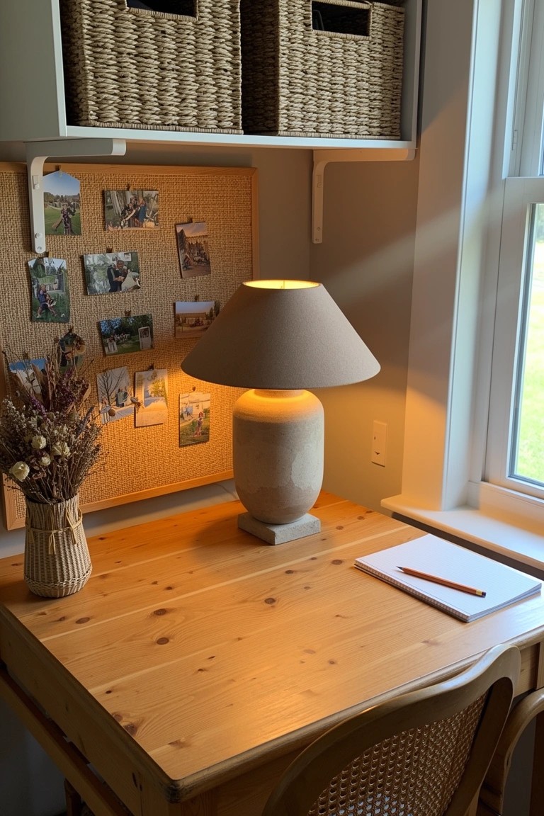 Wooden desk in a cozy nook with wicker baskets on open shelves above, corkboard with photos, beige lamp, and vase of dried grasses near a window