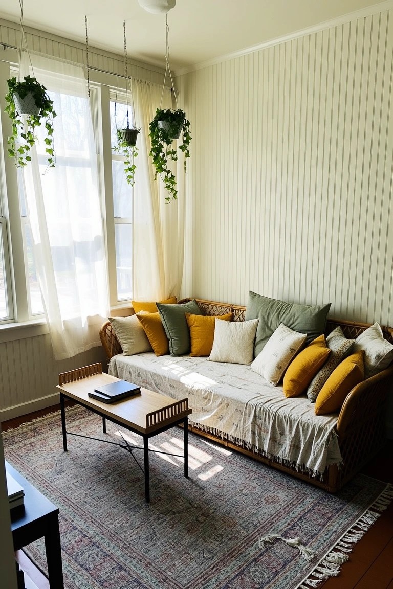 Cozy room corner featuring a wicker sofa with layered green, yellow, and white cushions, low wooden coffee table on a patterned rug, hanging plants by sheer-curtained windows