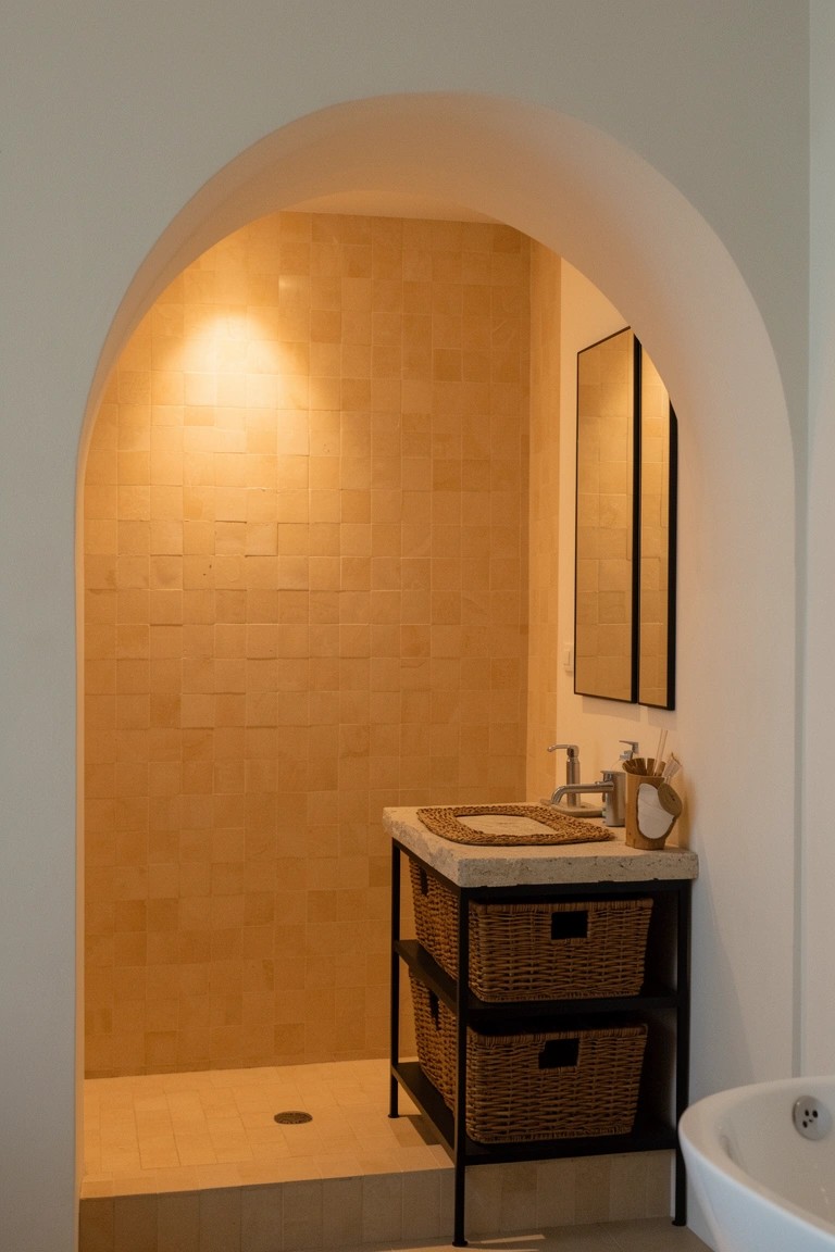 Boho bathroom with warm terracotta-tiled arched shower entry and black metal vanity holding rattan baskets