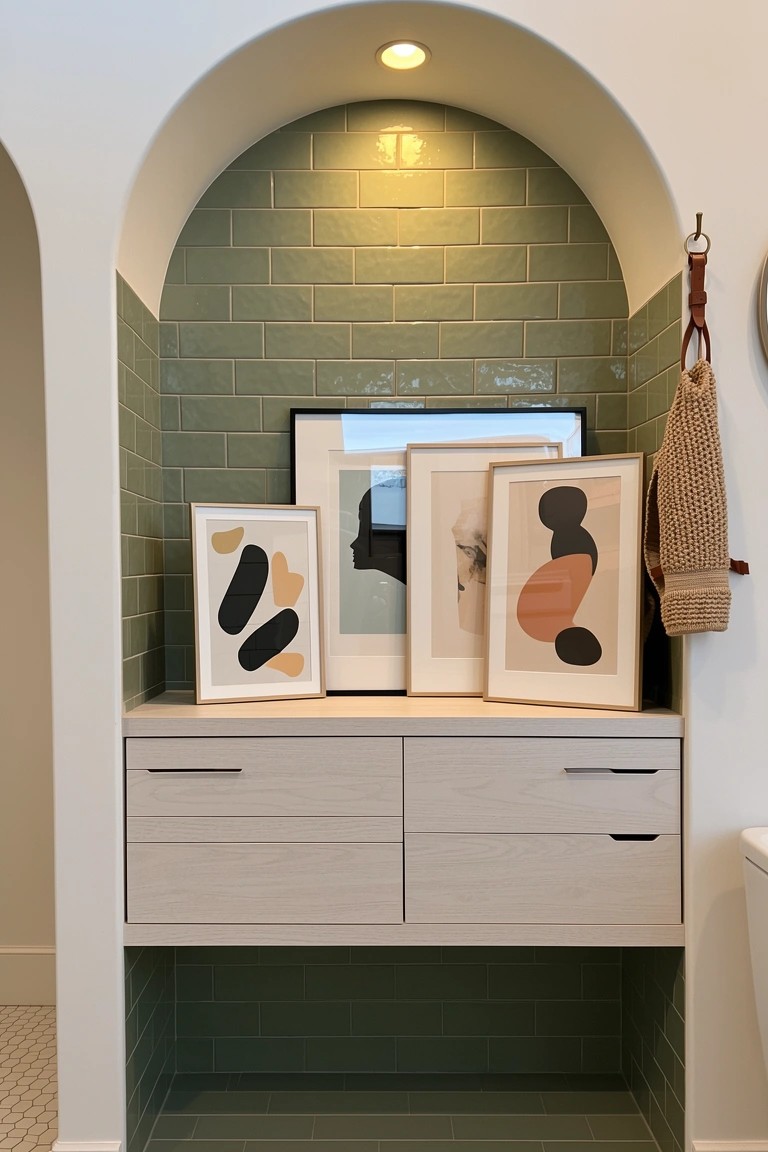 Arched sage green tiled bathroom niche with neutral abstract art frames above a light wood drawer cabinet
