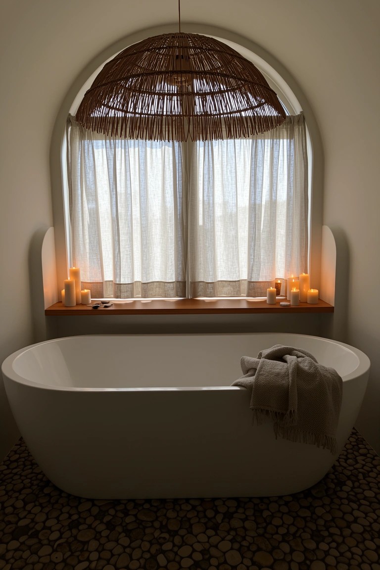 White freestanding bathtub in boho nook under arched window with rattan shade, sheer curtains, candles on wooden sill