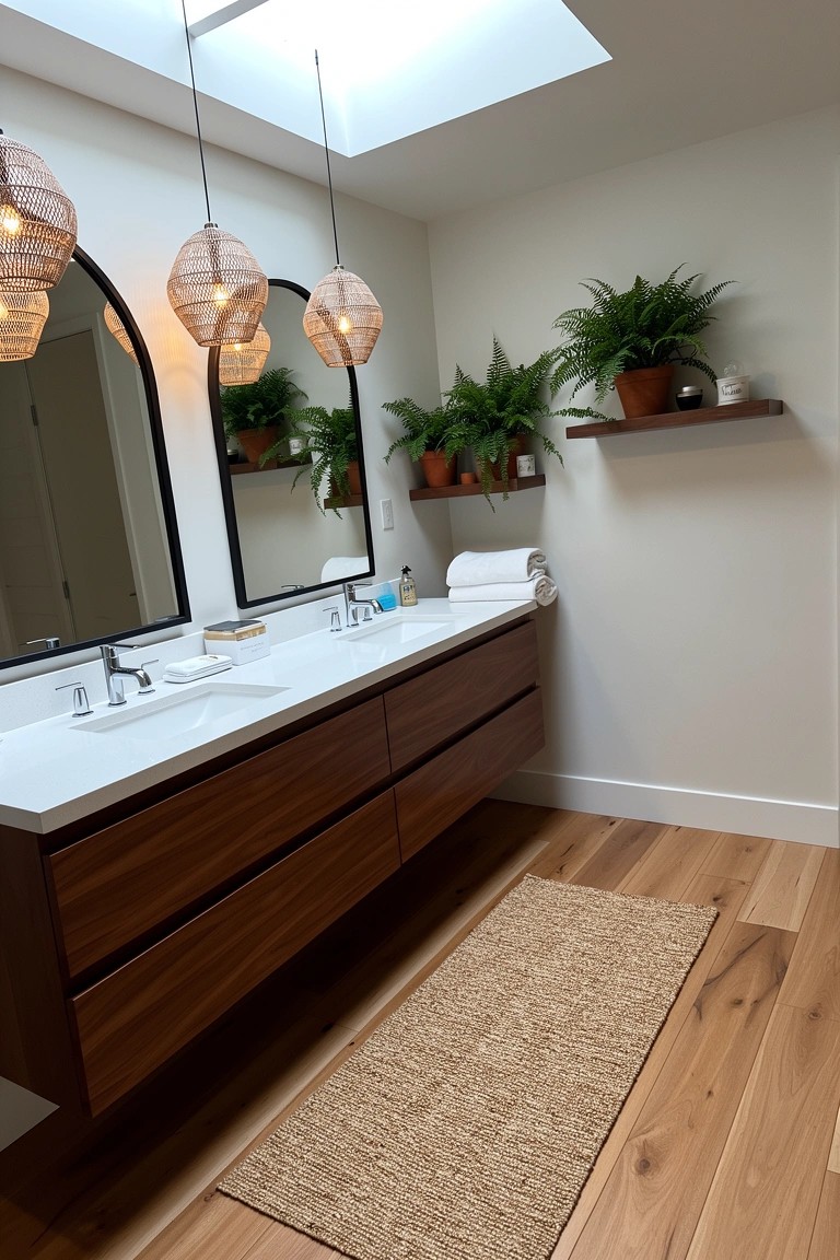 Clean boho bathroom with two hanging rattan pendant lights over a wooden double vanity, potted plants on wall shelves, and light hardwood floors