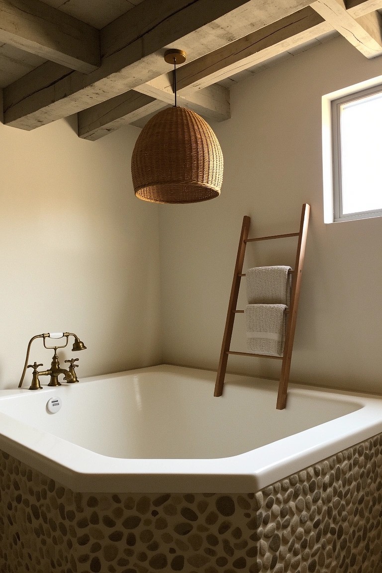 White corner bathtub with smooth pebble surround, wood ladder holding towels, and woven light overhead in neutral bathroom