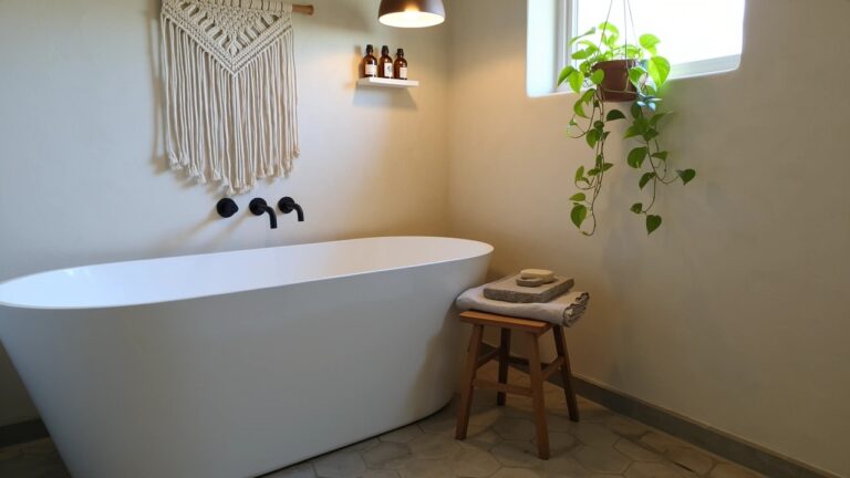 Bathroom corner with white freestanding tub, black faucet, hanging potted plant in macrame, wall shelf with bottles, and wooden stool holding towel