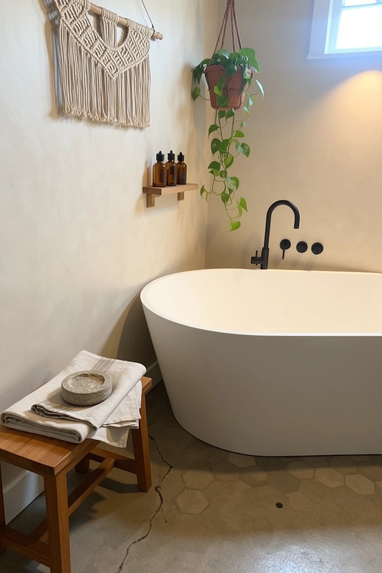Bathroom corner with white freestanding tub, black faucet, hanging potted plant in macrame, wall shelf with bottles, and wooden stool holding towel